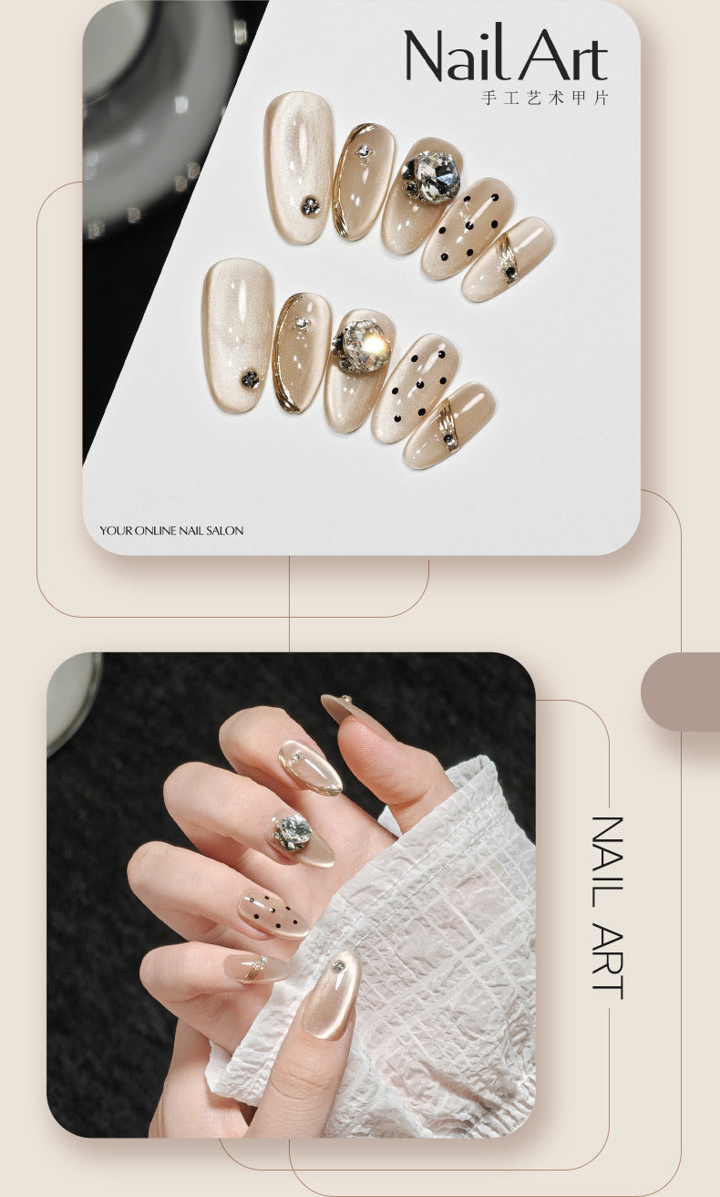 Qiuyi Handmade Wear Nail Short Cat Eye Ice Transparent Almond Nail White Handmade Nail Stickers Fake Nails Wholesale