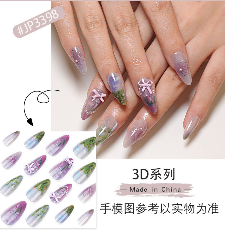 Fresh ins Sweet Wear Armor Monet Wearable Nail Tip Fake Nails Three-Dimensional Bow Pearl Nail Sticker