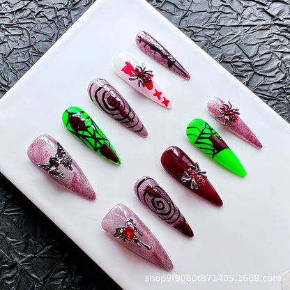 Halloween Pure Hand Drawing Handmade Wear Nail Tip High-Grade Hand-Painted Nail Stickers Contrast Color Series Cross-Border Wholesale