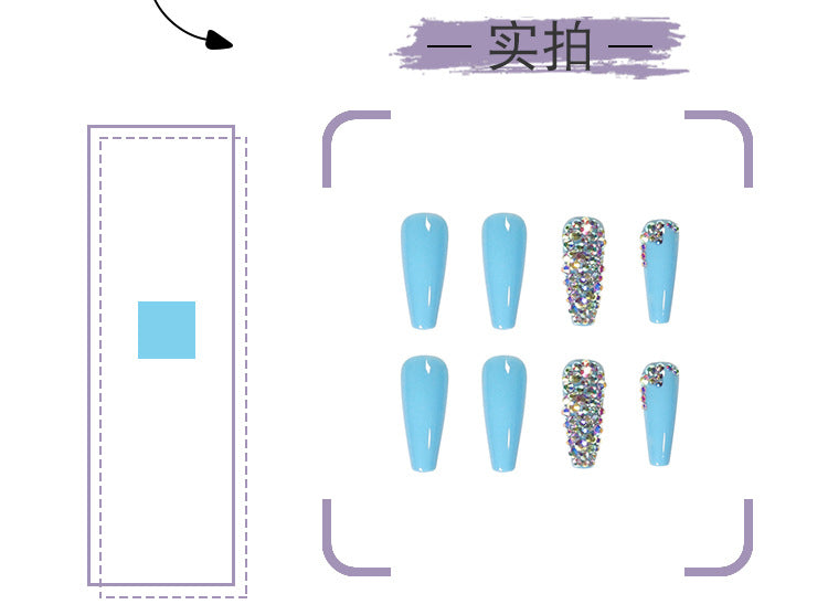 Sky Blue Full Diamond Wear Finished Nail Beauty Fake Nails Press on nail Nail Patch Detachable Nail Tip Cross-Border