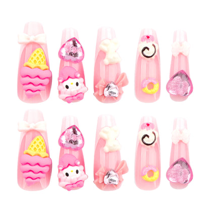 Sweet Cartoon Pink Nail Art Cone Ice Cream Wear Nail Three-Dimensional Bow Nail Tip Love Heart Rhinestone Fake Nails