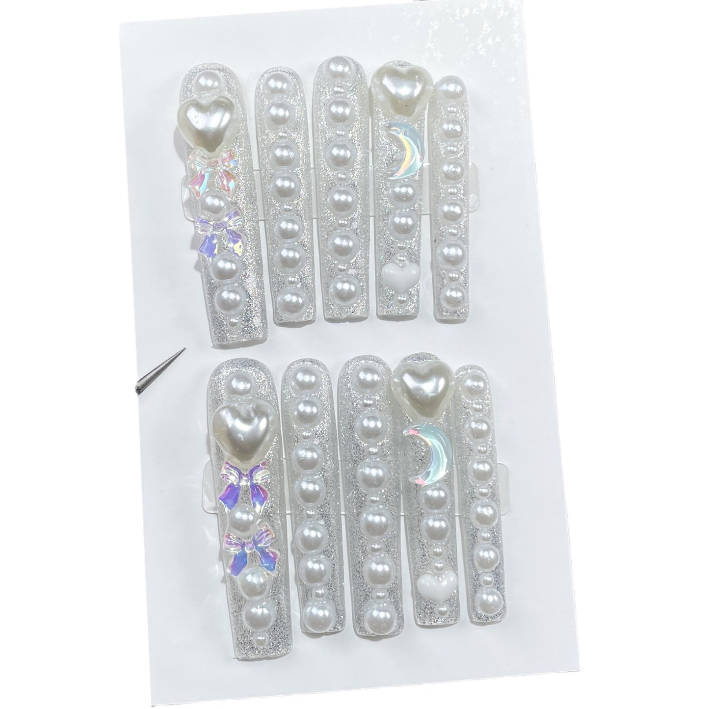 European and American Style Super Long Water Pipe Nail Love Pearl Flash Handmade Wear Nail Cross-Border Foreign Trade Long Nail Stickers