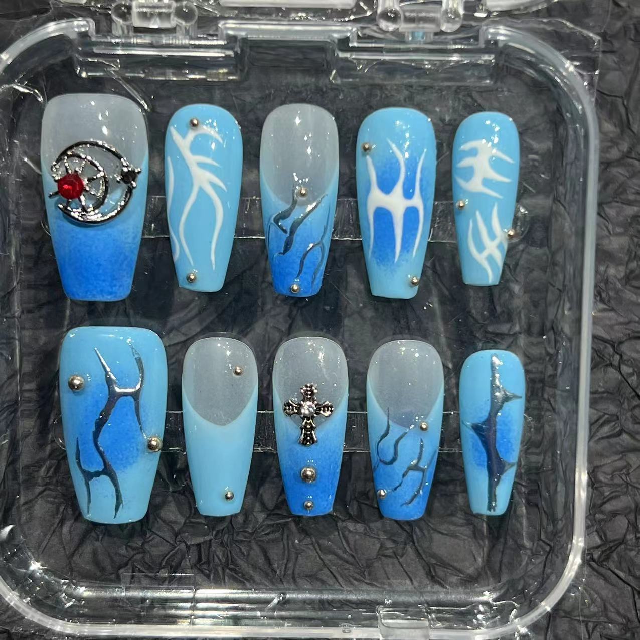 Blue Hand-Painted Flame Style European and American Short and Medium Style Cross-Border Factory Straight Hair Handmade Wear Armor Nail Stickers