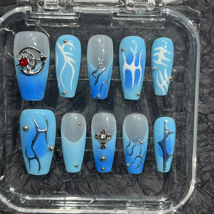 Blue Hand-Painted Flame Style European and American Short and Medium Style Cross-Border Factory Straight Hair Handmade Wear Armor Nail Stickers