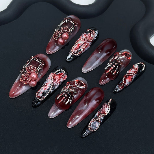 Dark Style Blood Dyed Rose Hand-Worn Nail Niche Advanced Finished Product Nail Stickers Cross-Border European and American Style Manicure