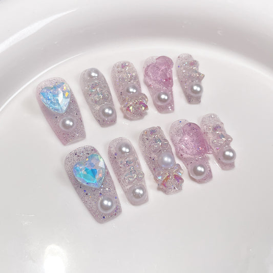 Wear Armor Love Pearl Nail Stickers Mid-Length Aurora Bear Cute Sweet Handmade Wear Armor Wholesale