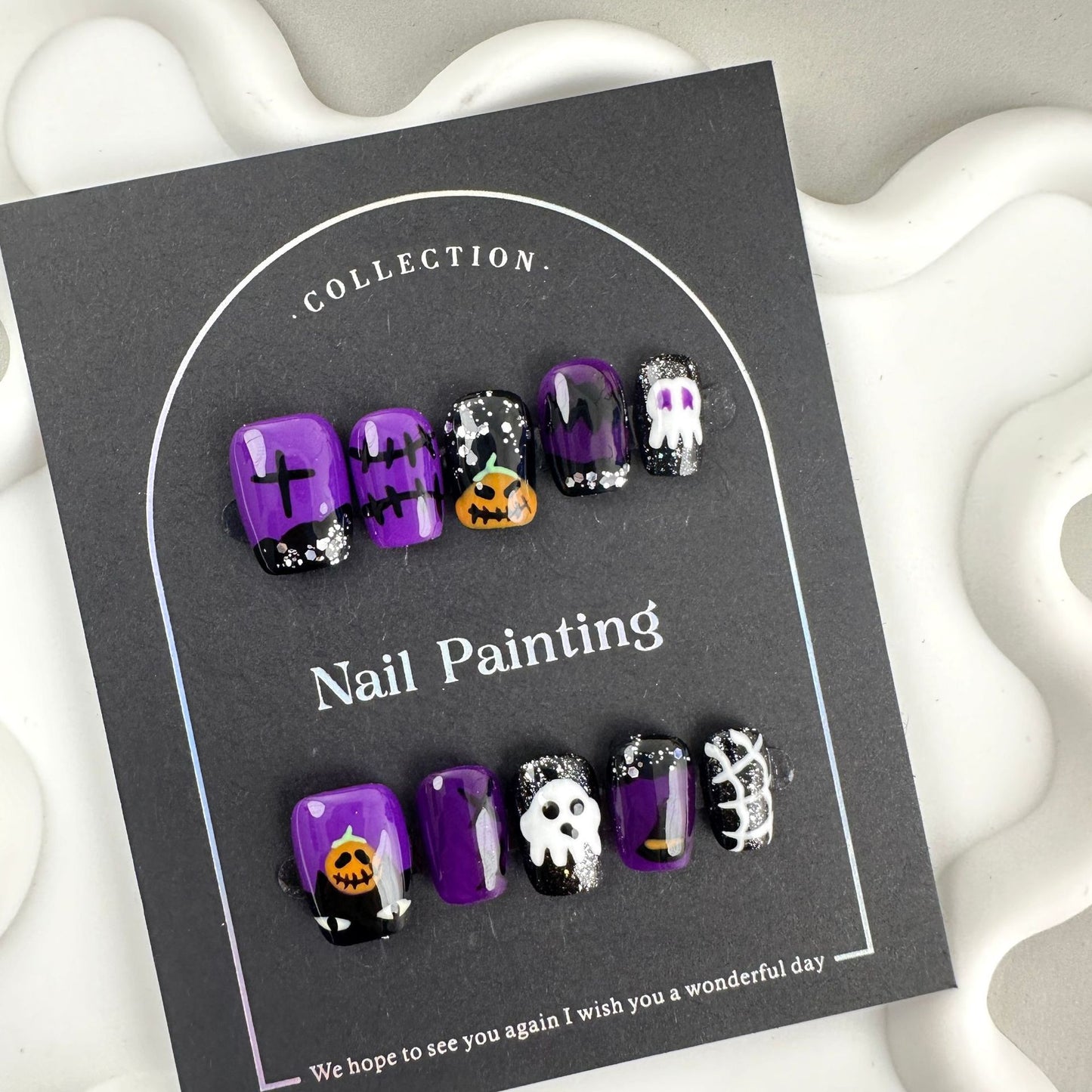 Purple Halloween Cute Ghost Wear Nail Tip High Sense Nail Stickers Cross-Border Factory Straight Hair Short Nail