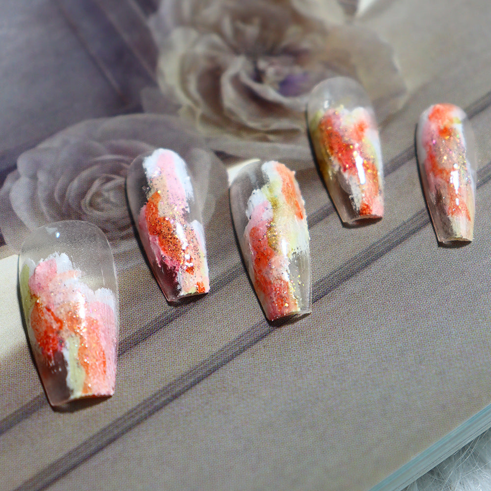 Peach Iced Tea Three-Dimensional Plaster Painted Wear Nail Sweet Thin and Glittering Spring New Handmade Wear Nail Patch