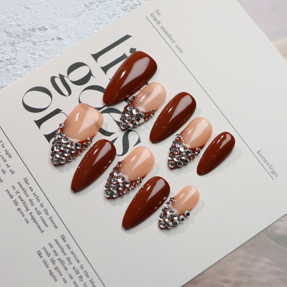 New Style Hand-Made Hand-Made French Almond Jump Color with Diamond Flash Light Luxury Detachable Finished Nail Beauty