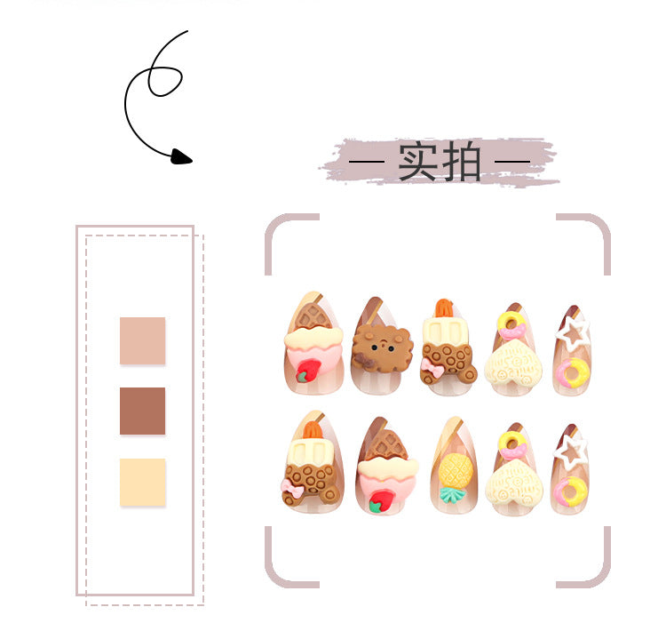 Cute Ice Cream Cake Wearing Nail Nail Beauty Cute Cartoon Biscuit Heart-Shaped Short Nail Tip fake  nails