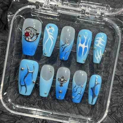 Blue Hand-Painted Flame Style European and American Short and Medium Style Cross-Border Factory Straight Hair Handmade Wear Armor Nail Stickers