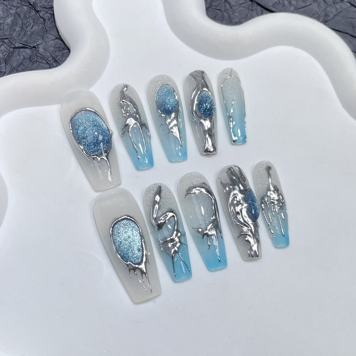 Heavy Industry Nail Stickers Cat's Eye Sapphire Blue Three-Dimensional Metal Hand-Worn Armor Transparent Blue Gradient Wearable Nail Sticker