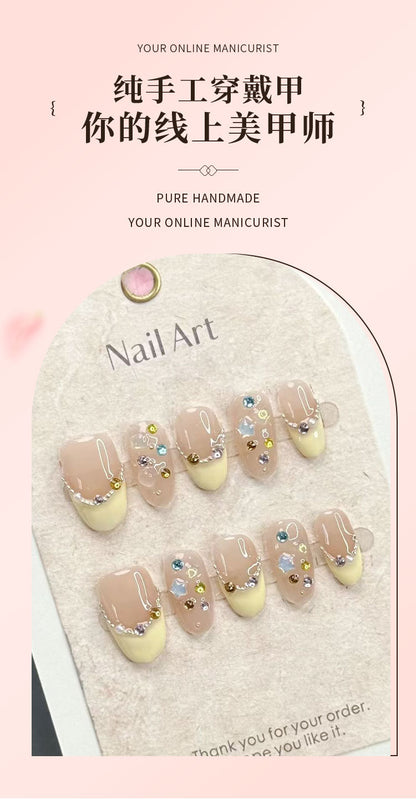 Spring and Summer New Handmade Wear Armor Light Yellow Full Diamond Flash ins Short Oval Manicure Advanced Removable Manicure