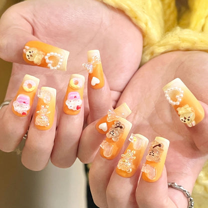 French Gradient Wear Nail Love Heart Bow Tie Nail Art Cartoon Rabbit Bear Donut Warm Color White Nail Tip