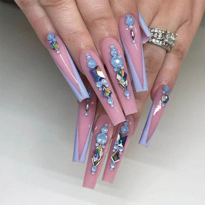 Hot Girl Wear Nail Nude Pink Long Ballet Blue Rhinestone Wear Nail Piece Nail Tips Wholesale false nail