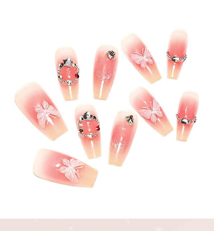 French Cat Eye Sweet Blush Manicure Fake Nails Butterfly Wearable Nail Tip Finished Short Wear Nail Wholesale