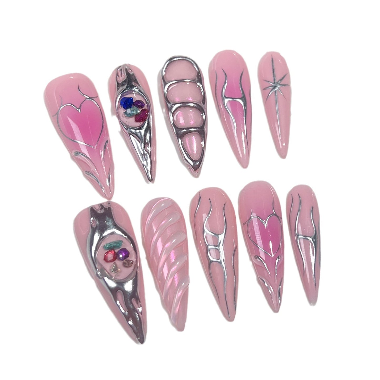 【Dyed Nail】Handmade Wear Nail Ornamental Stone Baroque Metallic Blush Nail Creative Hand-Painted Lines Sweet Cool Manicure