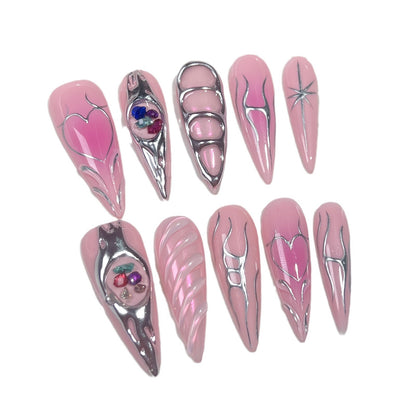 【Dyed Nail】Handmade Wear Nail Ornamental Stone Baroque Metallic Blush Nail Creative Hand-Painted Lines Sweet Cool Manicure