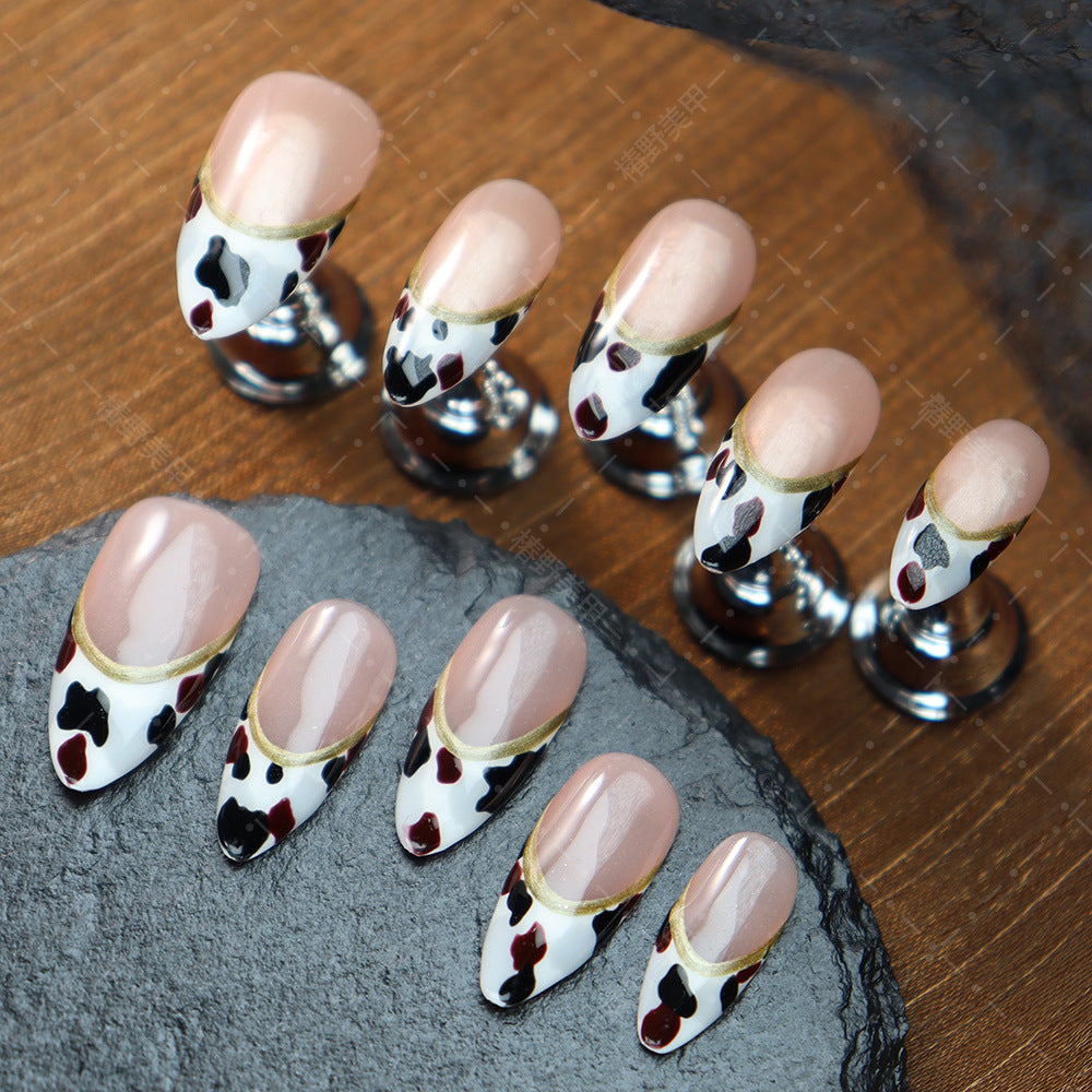 Hot Selling Handmade Wear Nail Hand Painted Cows Pattern French Almond Nail Finished Manicure Small Sweet Potato ins Popular Style