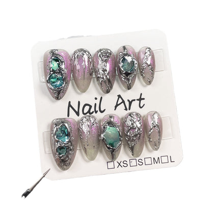 Handmade Wear Armor Baroque Aurora Transparent Black Three-Dimensional Metal Shape Almond Nail Wearable Nail Sticker Wholesale