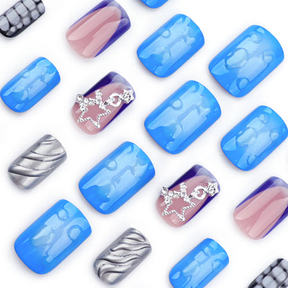 Ocean Blue Blooming Wear Armor Pearl Powder3D Water Ripple Nail Art Fake Nails Star Chain Design Wearable Nail Tip