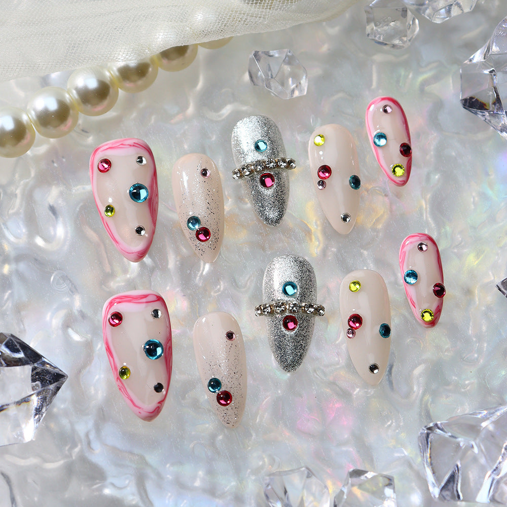 New Nail Beauty Patch Wear Nail Summer Handmade Nail Middle Almond with Colorful Crystals Dopamine Flash Hair Generation