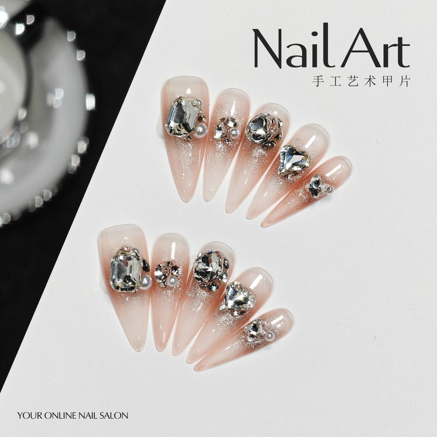 Handmade Wear Armor High-Grade Cat Eye Rhinestone Pearl Brandy Handmade Nail Stickers Fake Nail Tip Wholesale