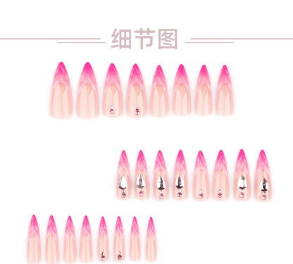 Super Long Pointed Nail Tip Finished Products Wholesale French Rose Gradient Fake Nails Rhinestone3D Three-Dimensional Manicure Wear Nail