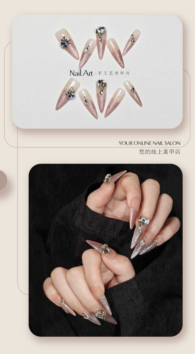 Handmade Wear Armor High-Grade Cat Eye Bow Ice Transparent Nail Stickers White Handmade Fake Nail Tip Wholesale