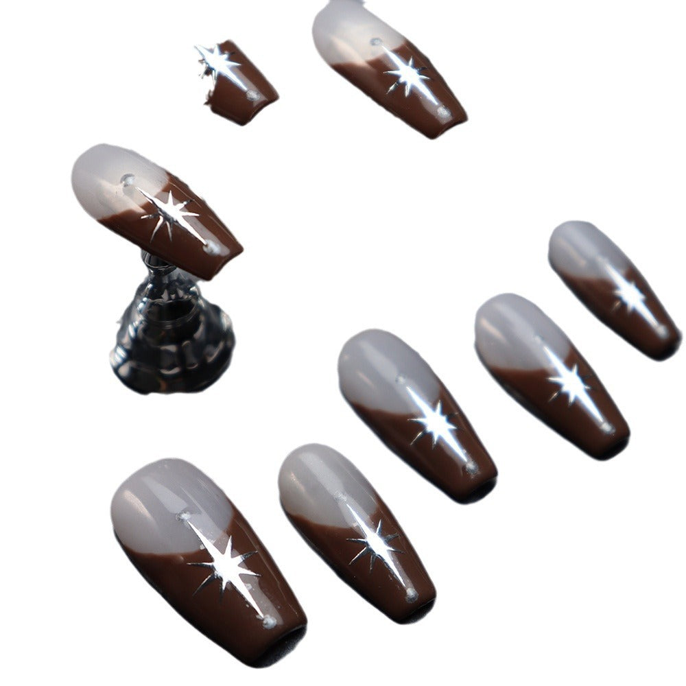 ins Style Chocolate Hand-Painted French Wear Nail Handmade Six-Pointed Star European and American Style Nail Stickers Mid-Length Ladder