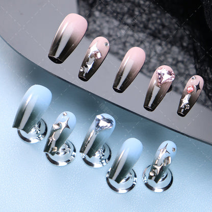 Hot Selling Pure Hand-Made Wear Nail Autumn and Winter High-Grade Gradient Pink Blue Colorful Crystals Sweet Cool Hot Girl Affordable Luxury Style Removable Nail