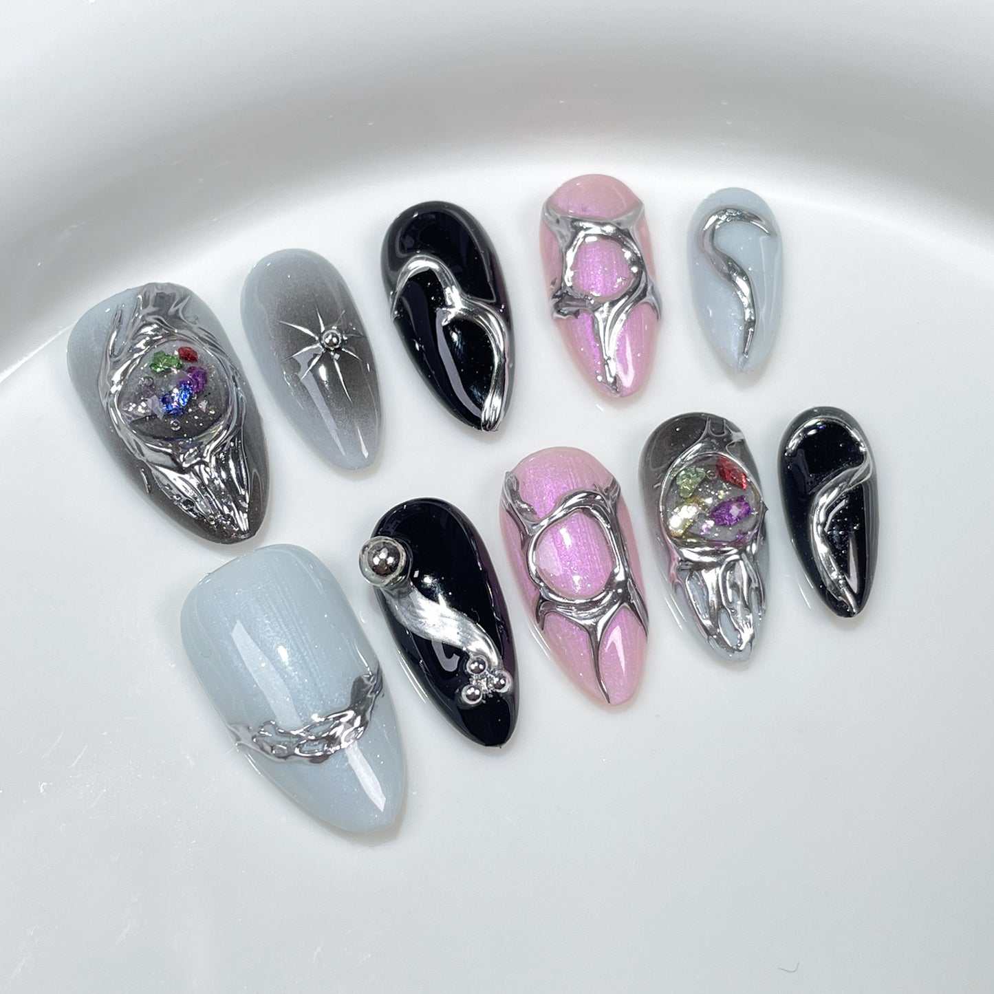 Sweet Cool ins Style Hand-Painted Nail Metal Hand-Painted Irregular Shape European and American Almond Nail Wearable Nail Sticker