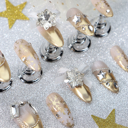 Christmas Blooming Gradient Wear Armor Champagne Gold Fashion Adult Lady like Woman Affordable Luxury Style Zircon Pile Beads Snowflake Almond Nail Stickers