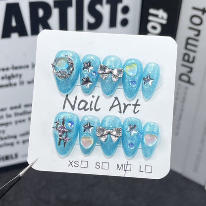 Handmade Wear Armor Flash Ocean Blue Sweet Cute Cat Eye Short Finished Nail Beauty Patch Wearable Nail Sticker