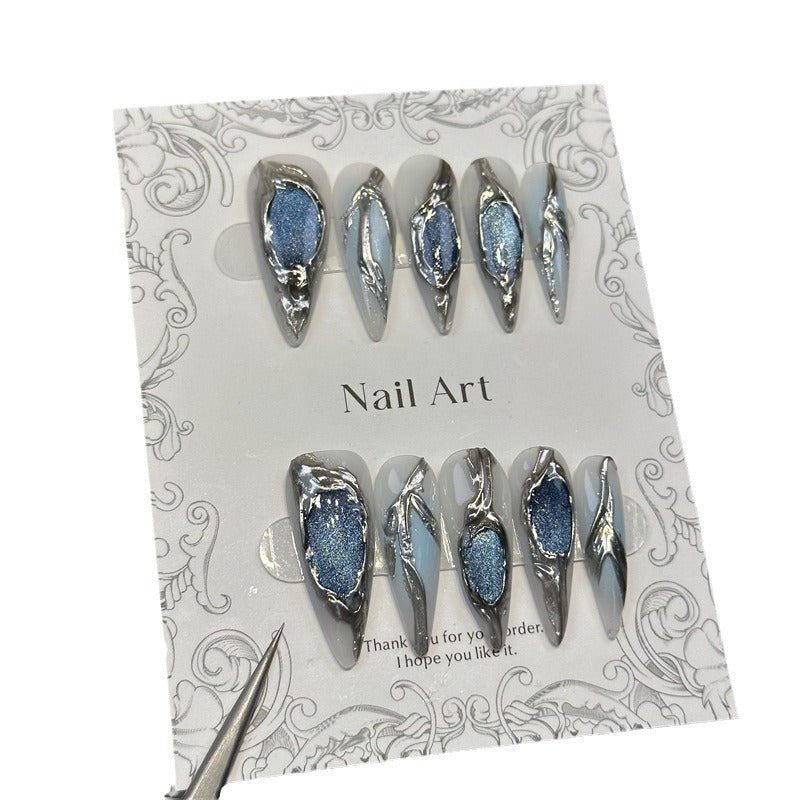 Cross-Border European and American Irregular Three-Dimensional Long Pointed Cat Eye Handmade Wear Nail Nail Nail Water Drop Nail Stickers Fake Nails