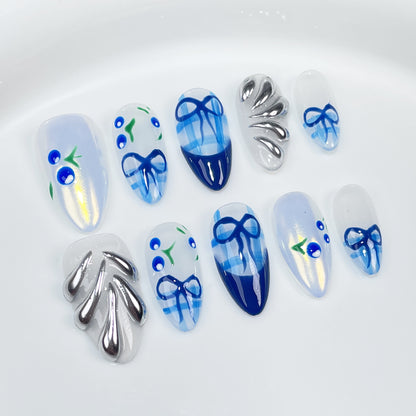 【Dyed Nail】Handmade Wear Armor Blue Hand Painted Cherry Europe and America Cross Border Summer Ice Transparent Wear Fake Nails Wholesale