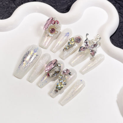 Handmade Wear Nail Light Luxury Heavy Industry Flash Pile Rhinestone Long Nail Stickers Butterfly Chain Wearable Nail Sticker