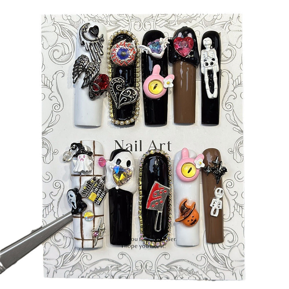 Cross-Border European and American Halloween Handmade Square Wear Nail Cute Cartoon Skull Pumpkin Alloy Dark Style Manicure