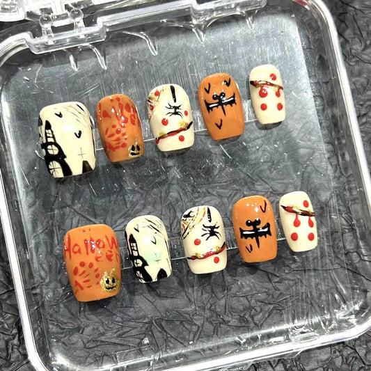 Halloween Pure Hand Drawing Wear Nail Tip High-Grade Handmade Nail Stickers Cross-Border Short Wear Nail Tip Factory