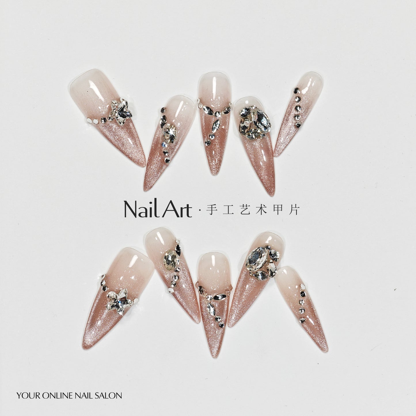 Handmade Wear Armor High-Grade Ice Transparent White Cat Eyes Long Pointed Nail Stickers Handmade Fake Nail Tip Wholesale