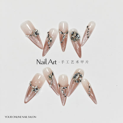 Handmade Wear Armor High-Grade Ice Transparent White Cat Eyes Long Pointed Nail Stickers Handmade Fake Nail Tip Wholesale