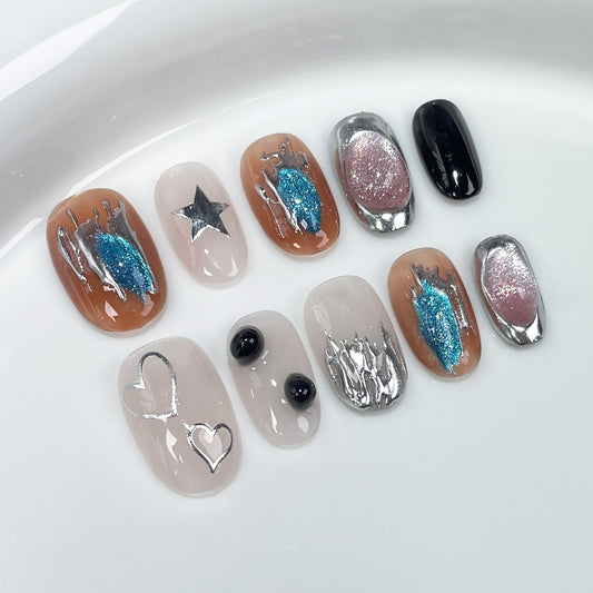 ins Short Style Nail Art Irregular Metal Shape Crystal Cat's Eye Hand-Painted Nail Fake Nails Wholesale