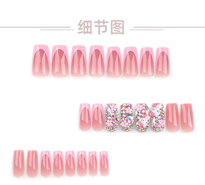 Hello Kitty Cat Wearing Nail Flower Rhinestone Flashing Fake Nails Pink French Nail Tip fake nails