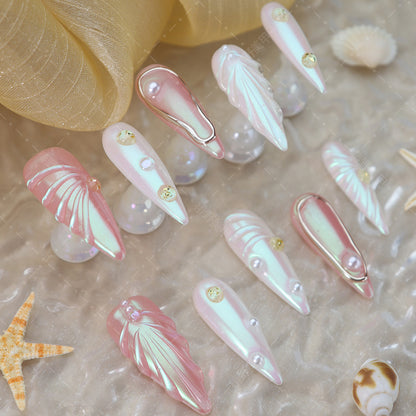 Long Pointed Nail Stickers European and American Sweet Cool Hot Girl Style Shell Patch Handmade Aurora Epoxy Wear Nail Detachable Nail