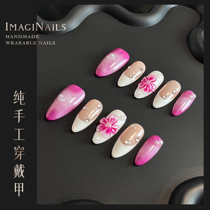 Hot Selling in Europe and America3D Three-Dimensional Carved Almond Nail Pure Hand-Worn Nail Piece