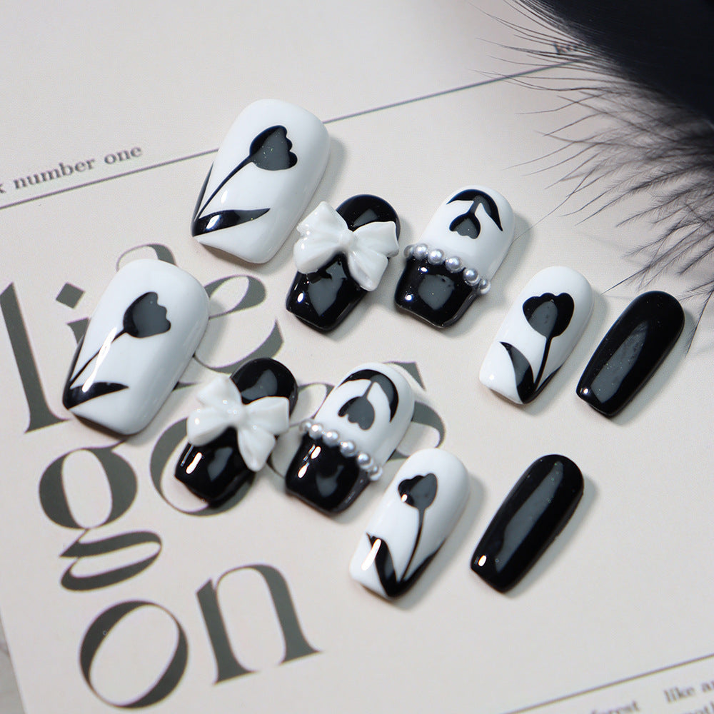 Factory Wear Armor Handmade Advanced Handmade Black and White Flower Pearl Bow Nail Stickers One Piece Dropshipping