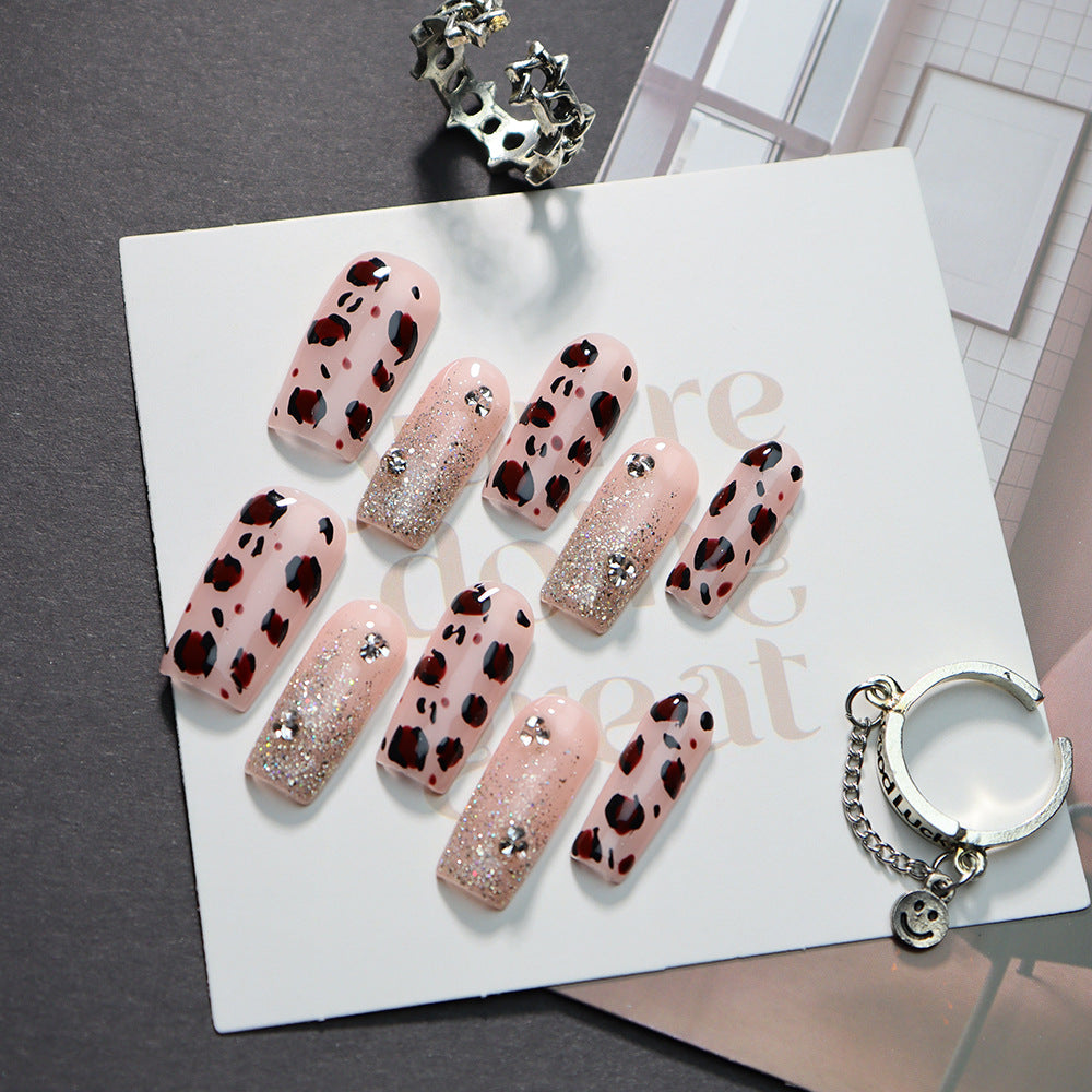 New Nail Beauty Patch Wear Armor Advanced Rectangular Pink Leopard Print Glitter Hot Girl Sweet Cool Xiaohongshu ins Wind