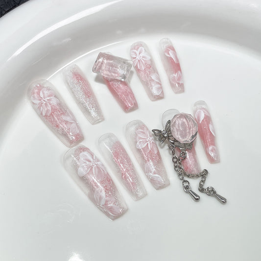 Ice Transparent Hand-Painted Manicure Sweet Spring and Summer Long Handmade Wear Nail Wearable Nail Sticker Yiwu Manicure Wholesale