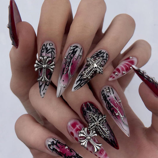 European and American Hot Girls Wear Nail Polish Piece Dark Cross Nail Art Nail Shaped Piece Hot Silver Blooming Fake Nails Nail Shaped Piece