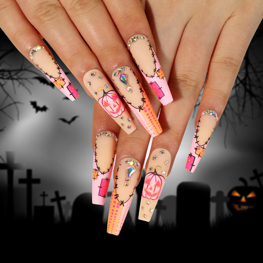 Wearing Nail Wholesale Halloween Frosted Nail Pink French Pumpkin Rhinestone Polka Dot Nail Sticker Finished Nail Beauty